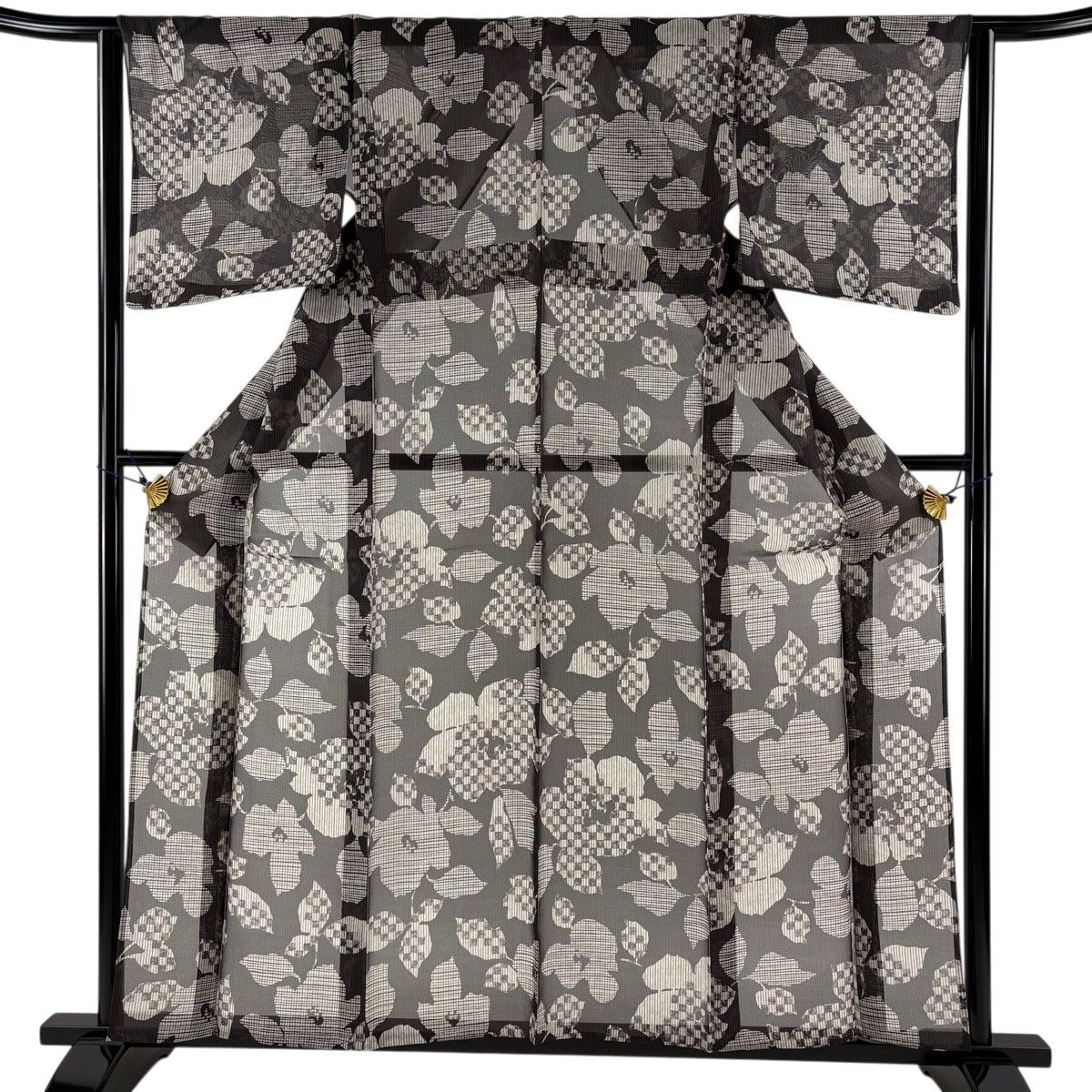 美品】 小紋 身丈158cm 裄丈64cm M 薄物 草花 縞 墨色 正絹 秀品
