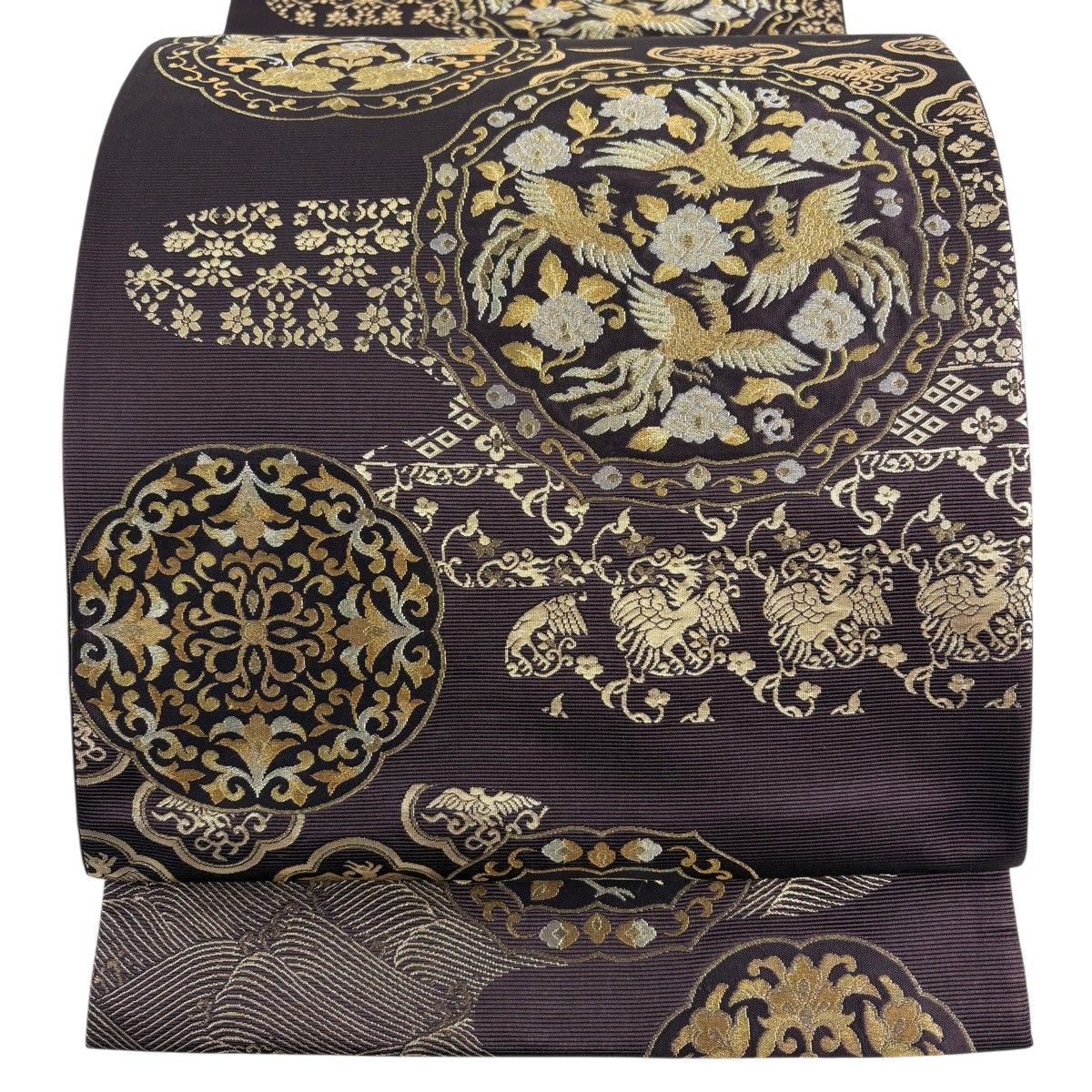 美品】 袋帯 秀品 落款 鳳凰延寿華文 金銀糸 箔 濃紫 六通 正絹 【中古 