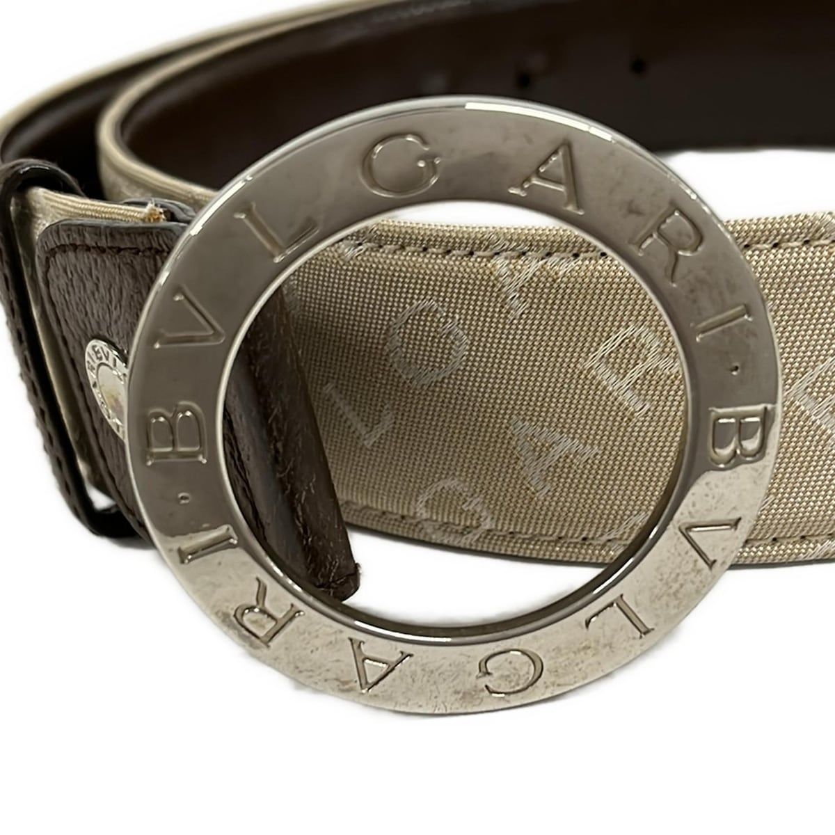BVLGARI(ブルガリ) ベルト 42/105 ロゴマニア ベージュ×白×ダークブラウン レザー BVLGARI - BVLGARI(ブルガリ) ベルト 42/105 ロゴマニア ベージュ×白