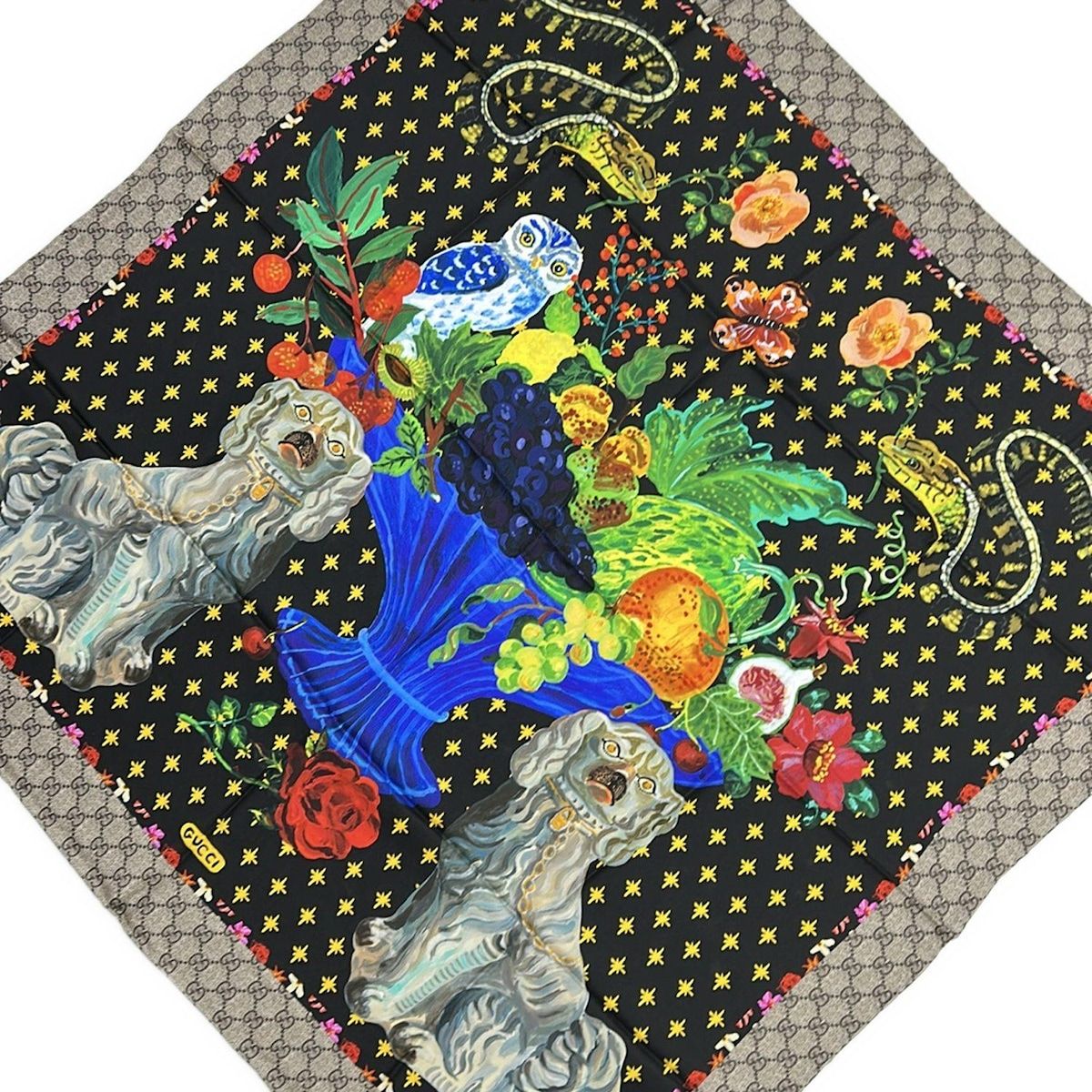 GUCCI(グッチ) スカーフ美品 ベージュ×黒×マルチ GG柄/花柄 - メルカリ