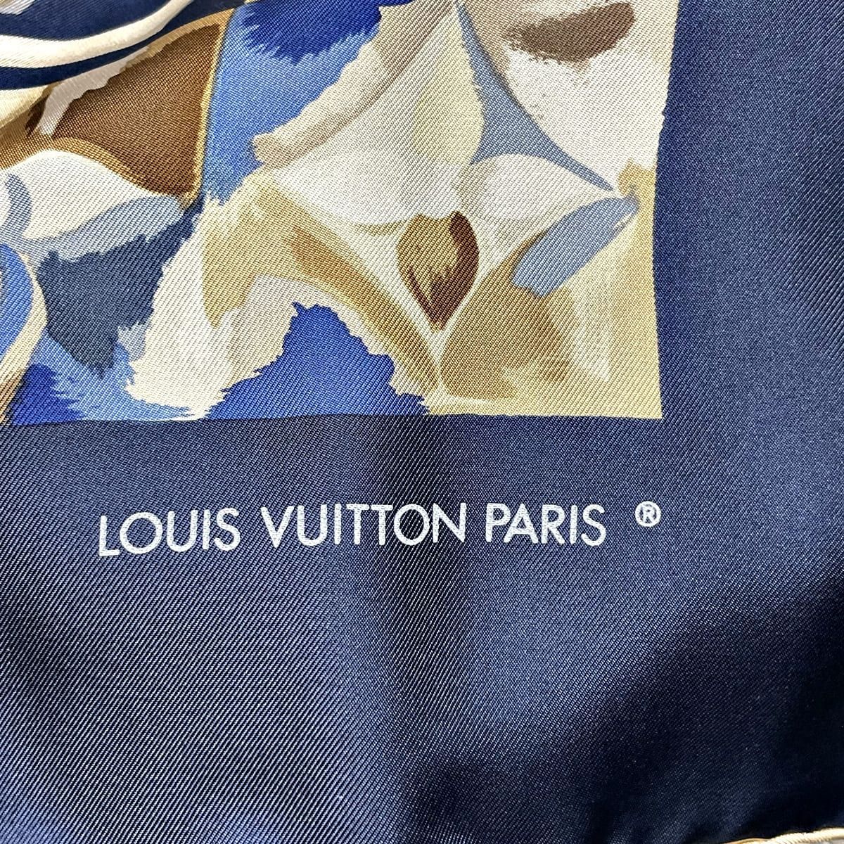 【良品】【ルイヴィトン】大判 スカーフ 水彩 モノグラム ネイビー系 中古】 LOUIS VUITTON ルイ・ヴィトン 水彩風 モノグラム 大判スカーフ
