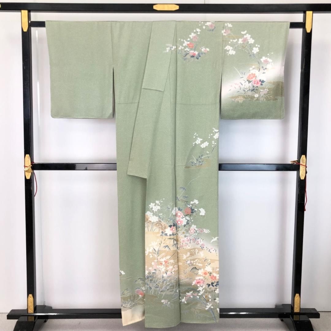 訪問着 友禅 美しい花模様 鶴 叩き染 金彩 西武お誂え しつけ糸 K-5859 