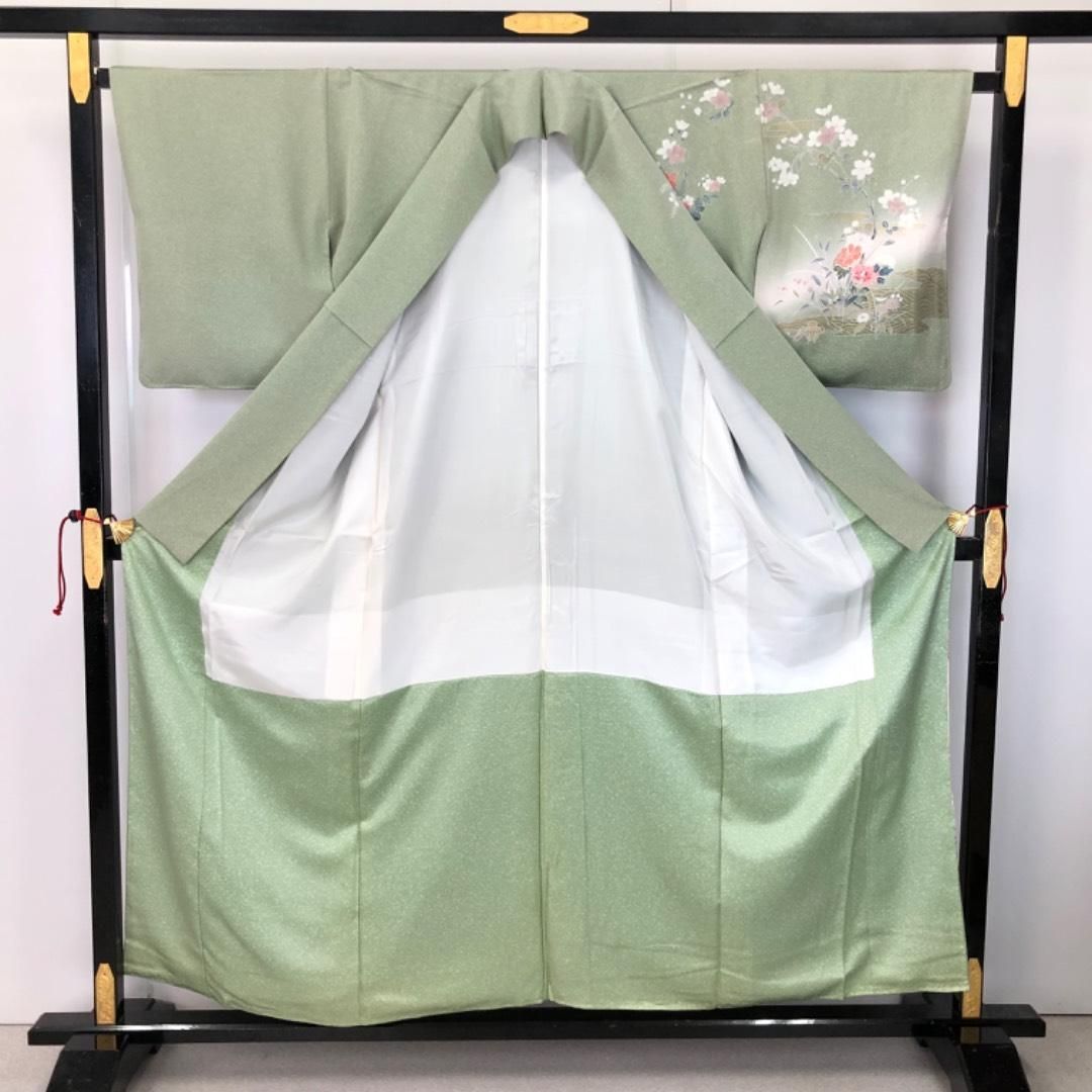 訪問着 友禅 美しい花模様 鶴 叩き染 金彩 西武お誂え しつけ糸 K-5859 