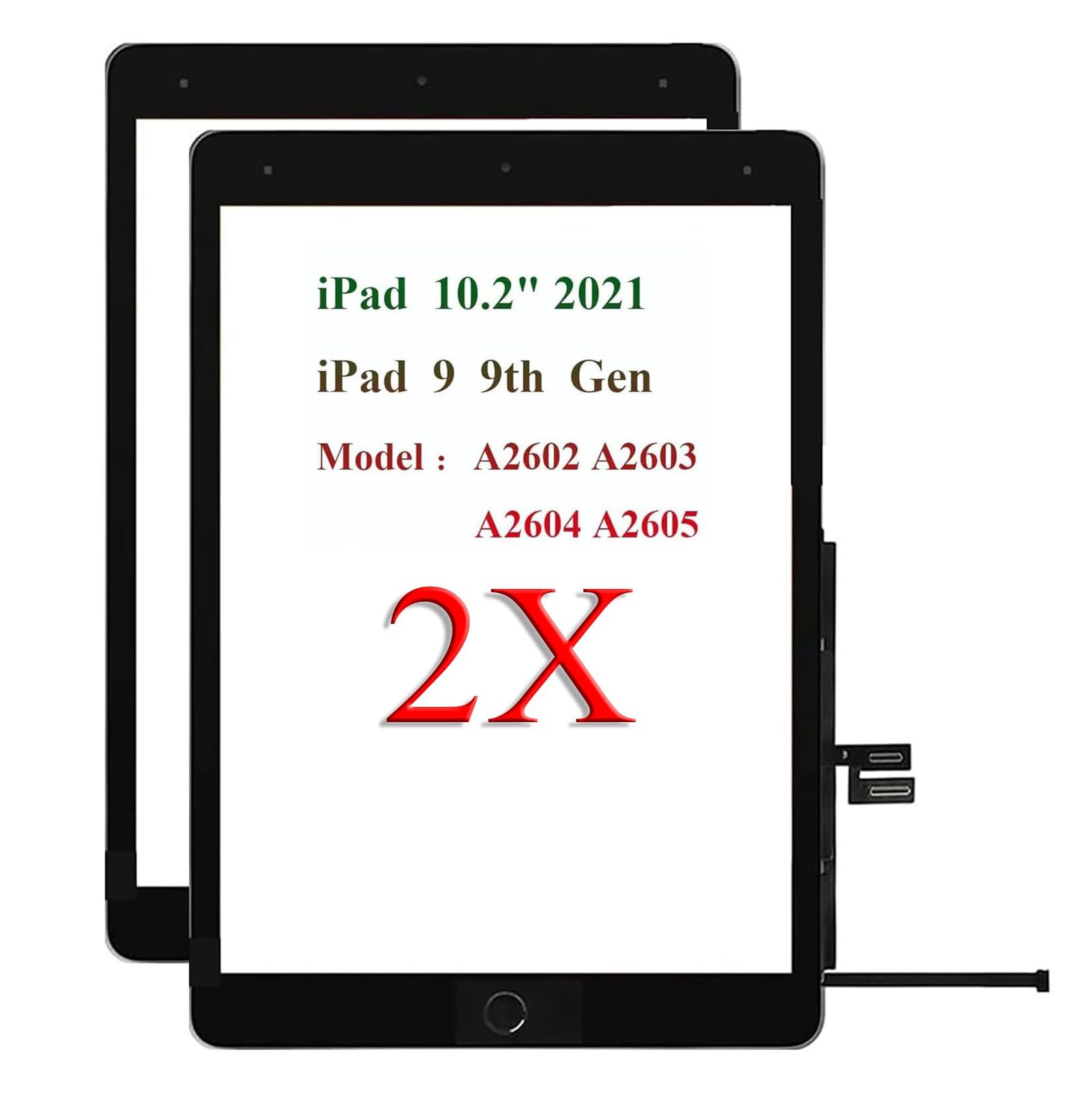 新品 iPad 9 (第9世代) A2602 A2603 A2604 A2605 スクリーン交換用2パック10.2インチデジタイザー、iPad 第9世代タッチスクリーンデジタイザー交換用(2021年発売)ホームボタン付き(ブラック)