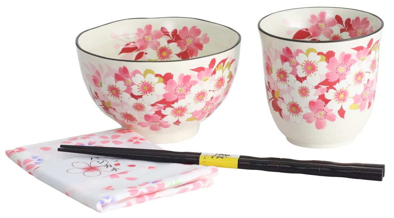 新品 セラミック藍 華笑み 飯碗 湯呑 ハンカチ ギフトセット 3985 ピンク