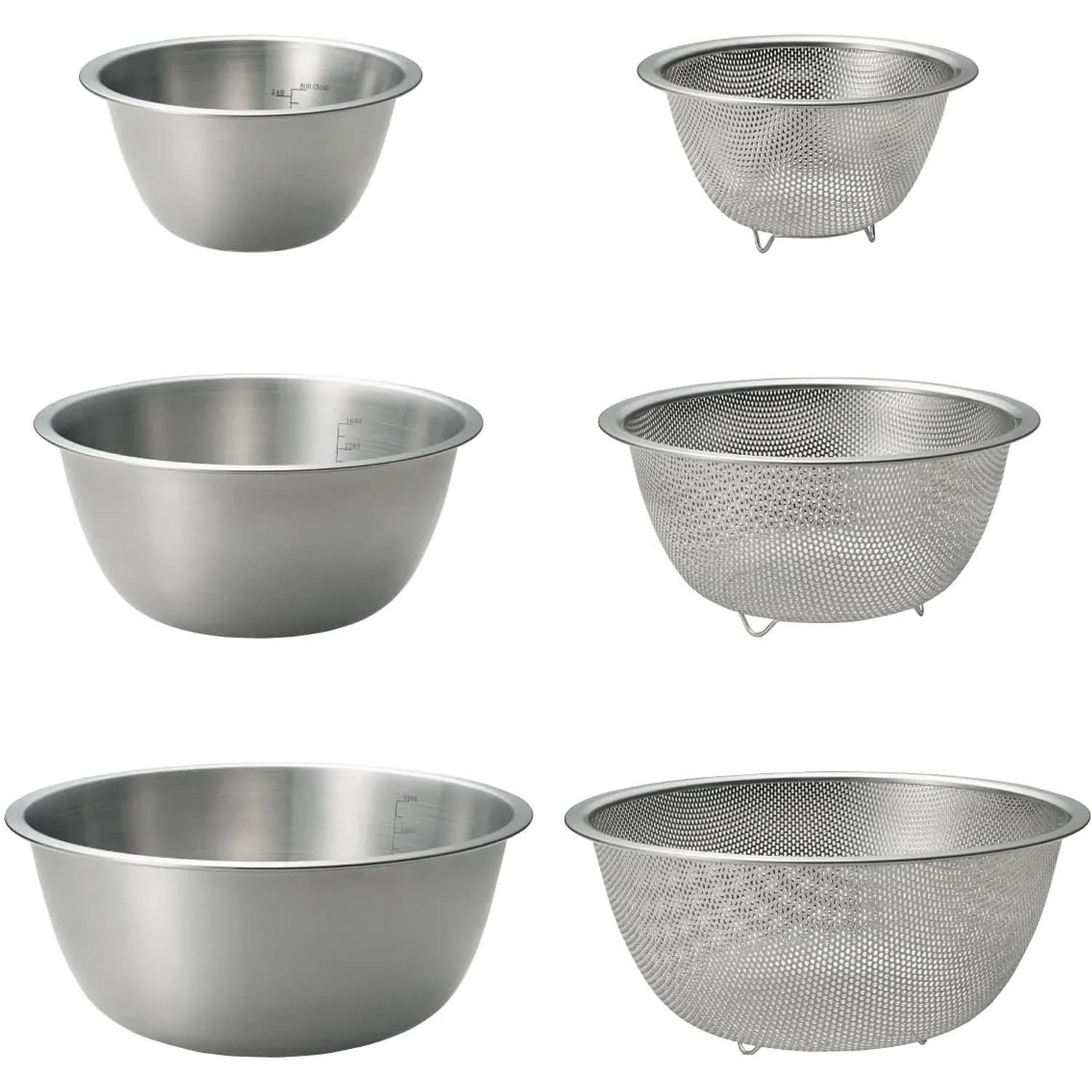 新品 [ベルメゾン] ボウル ザル 6点 セット ステンレス すっきり収納できる 食洗機対応 目盛り付き ツヤ消し ボウル パンチング 脚付き ざる 6点セット