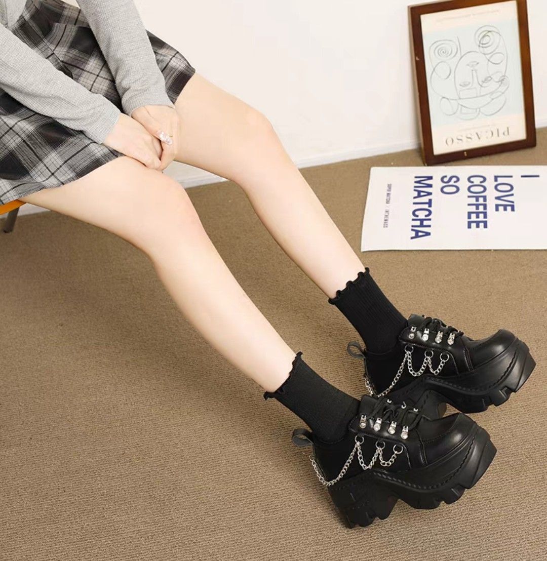 チェーン付き 厚底 ローファー ブラック プラットフォーム シューズ 