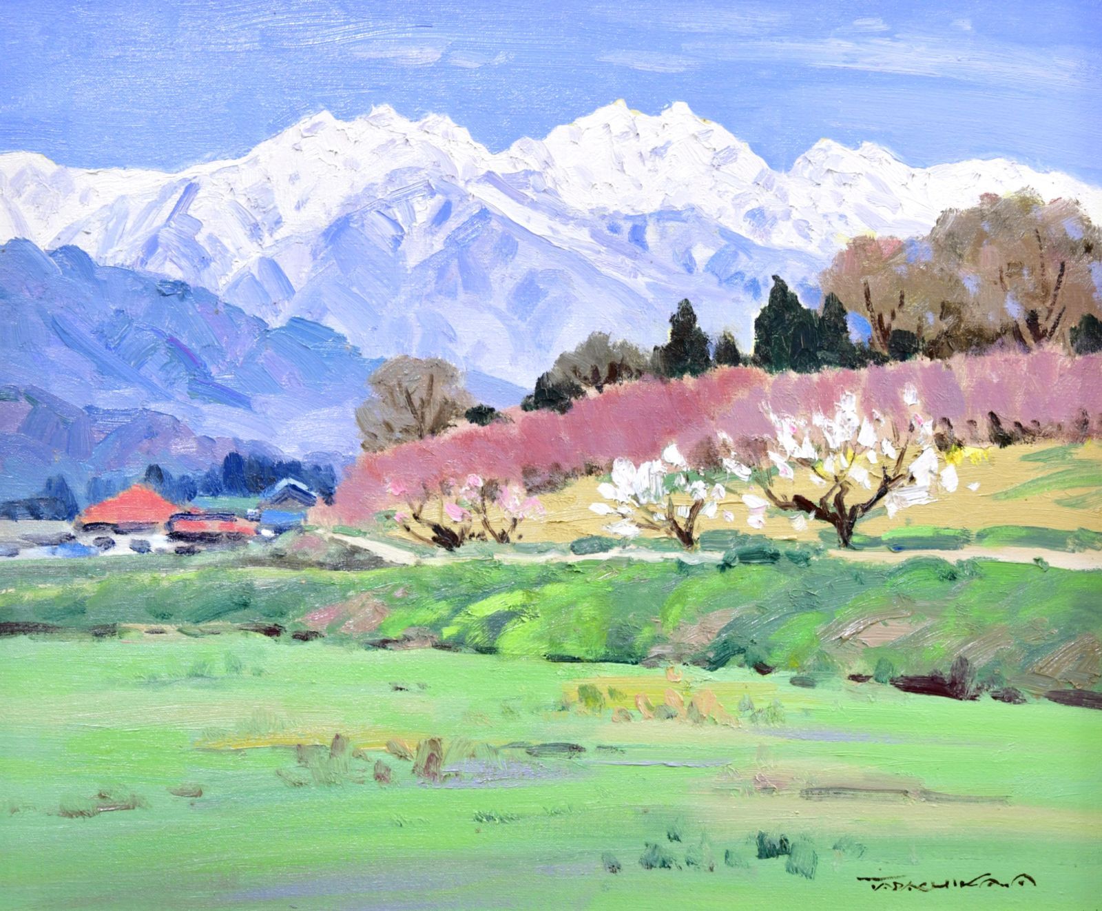 赤羽忠親 「安曇野春景 後立山連峰」 油彩 F8号 真作保証 安曇野風景 