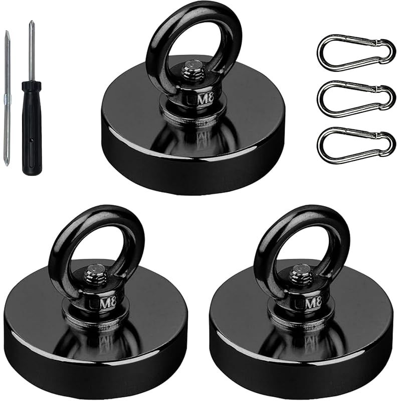 YESCUT 超強力 マグネット フック カラビナ付磁石 【3個セット】 耐荷重115kg 直径60mm 304ステンレス製 強力 磁石 防錆 クフック取外可能 キッチン/オフィス/業務/浴室/室外/壁掛け用 ドライバー付き (ブラック, 60mm 3個入 0