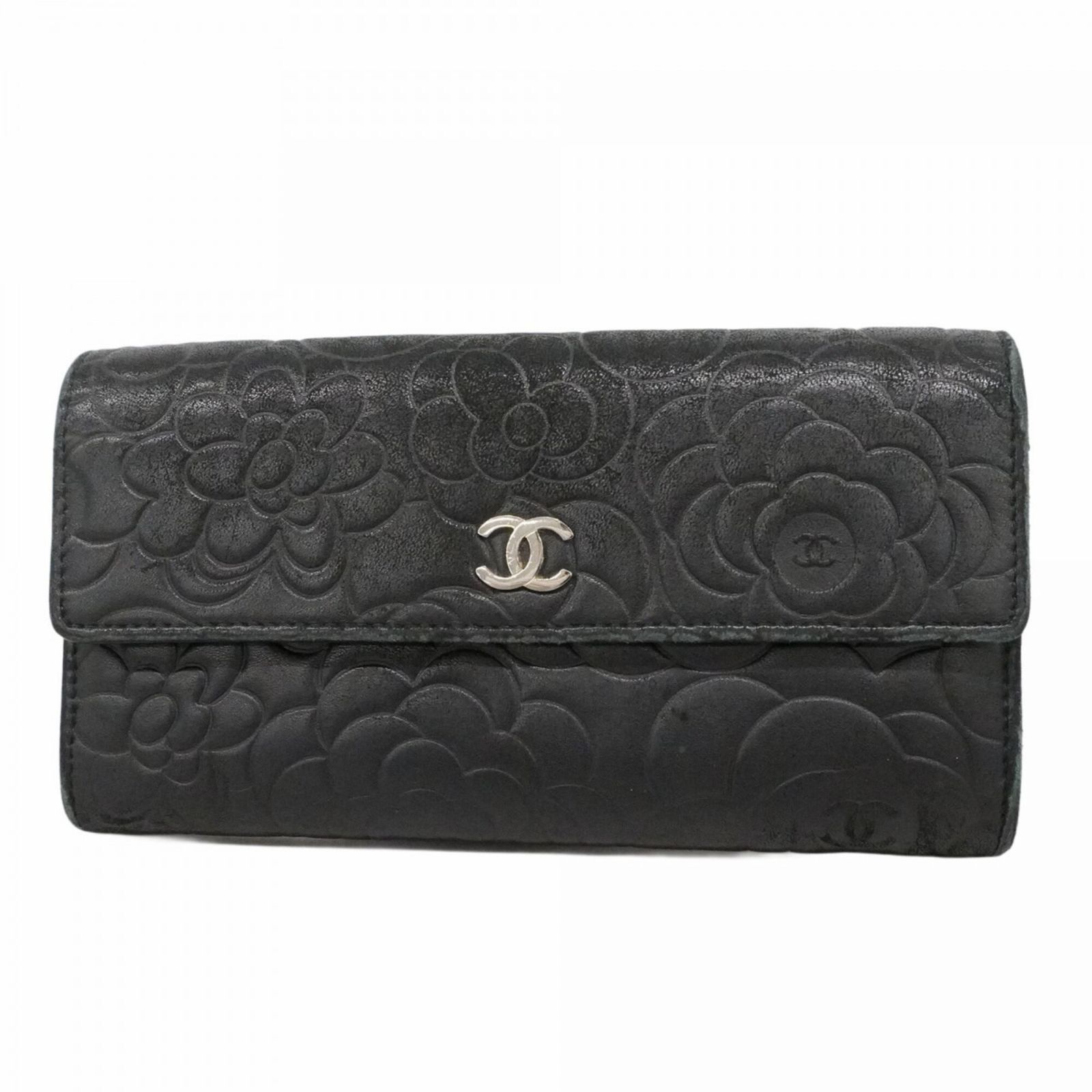 シャネル(Chanel) シャネル 長財布 カメリア ラムスキン ブラック 