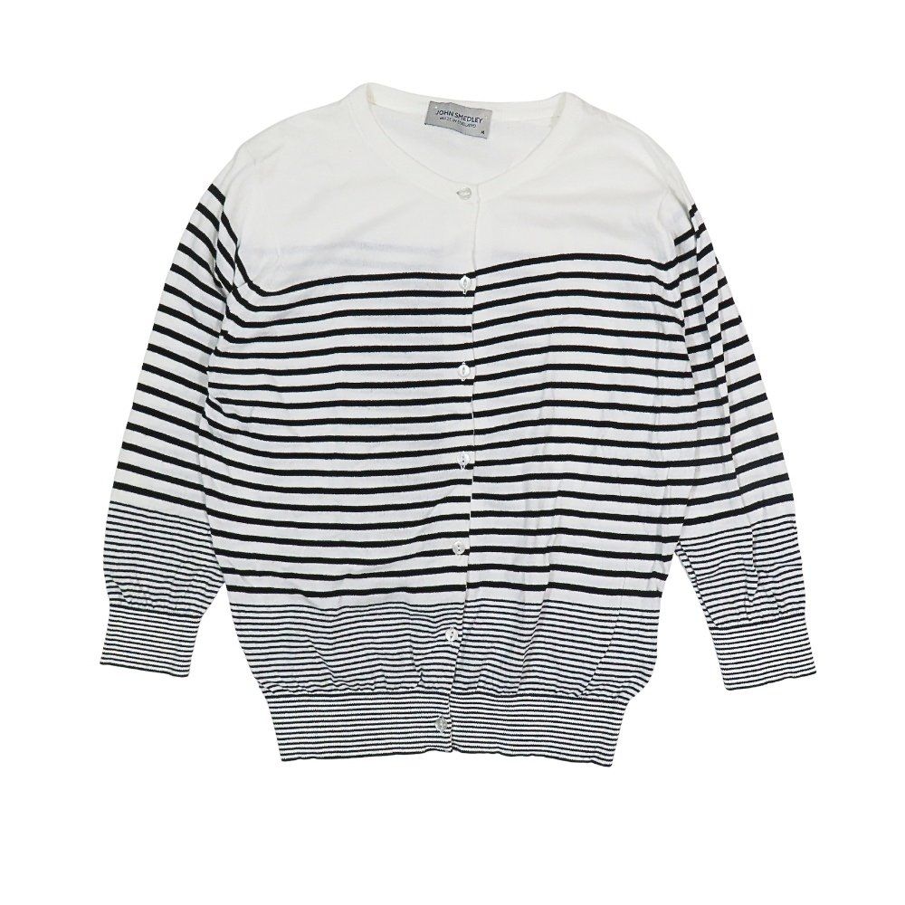 美品 JOHN SMEDLEY ジョンスメドレー ボーダー ７分袖 カーディガン トップス クルーネック M ホワイト ダークネイビー レディース 古着 中古 USED 美品 JOHN SMEDLEY ジョンスメドレー ボーダー 7分袖 カーディガン