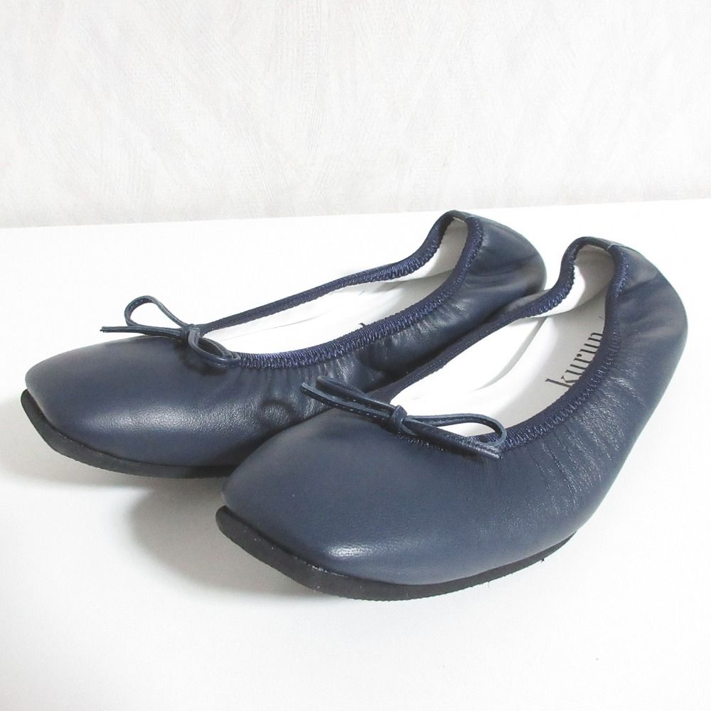 美品 kurun TOKYO クルントウキョウ スクエアトゥ バレエシューズ フラットシューズ 24 1/2 ネイビー レディース 古着 中古 USED 美品 kurun TOKYO クルントウキョウ スクエアトゥ バレエシューズ