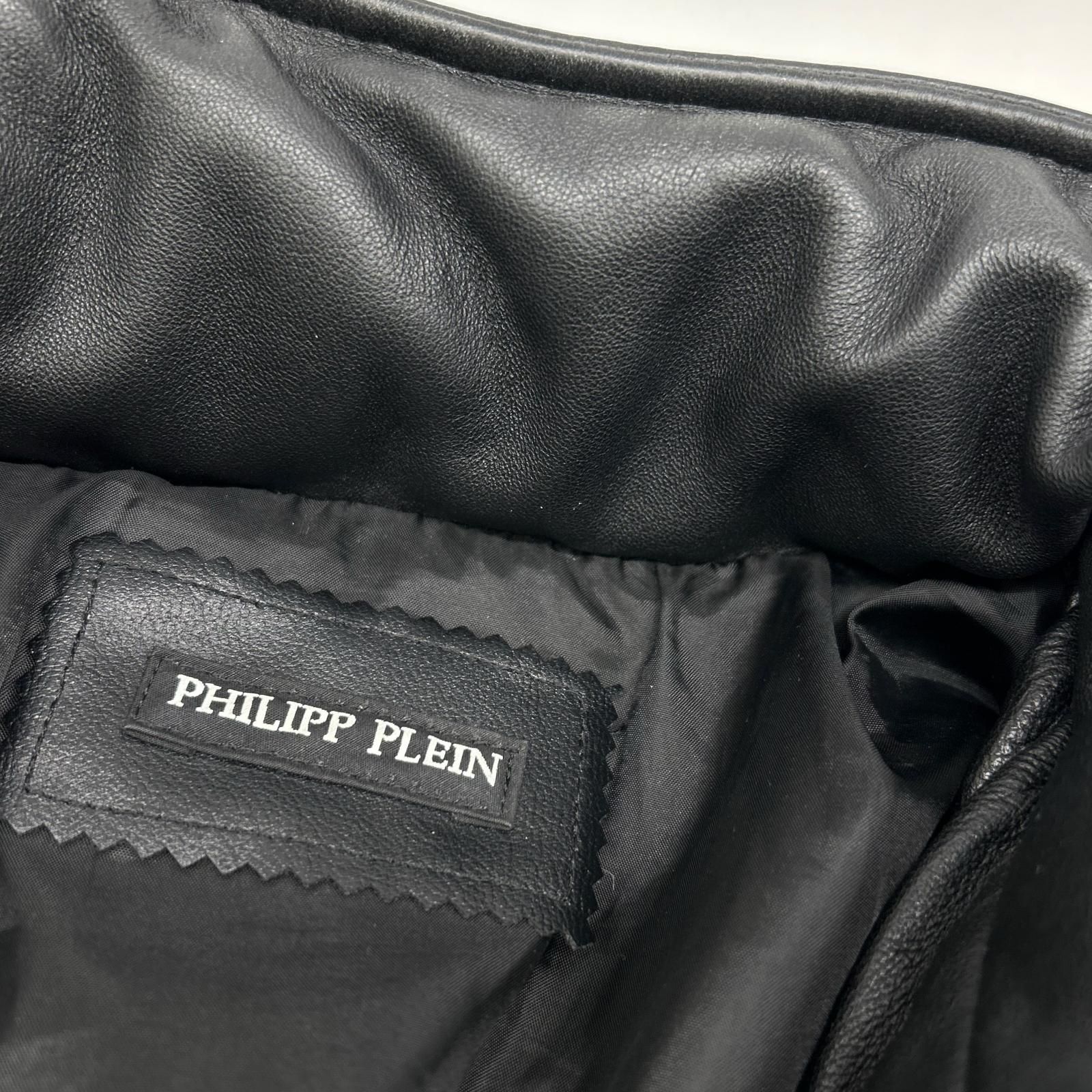 PHILIPP PLEIN フィリッププレイン ﾌﾞﾗｯｸ ﾗﾑﾚｻﾞｰ ﾌｰﾃﾞｨ ﾀﾞｳﾝｼﾞｬｹｯﾄ 48 