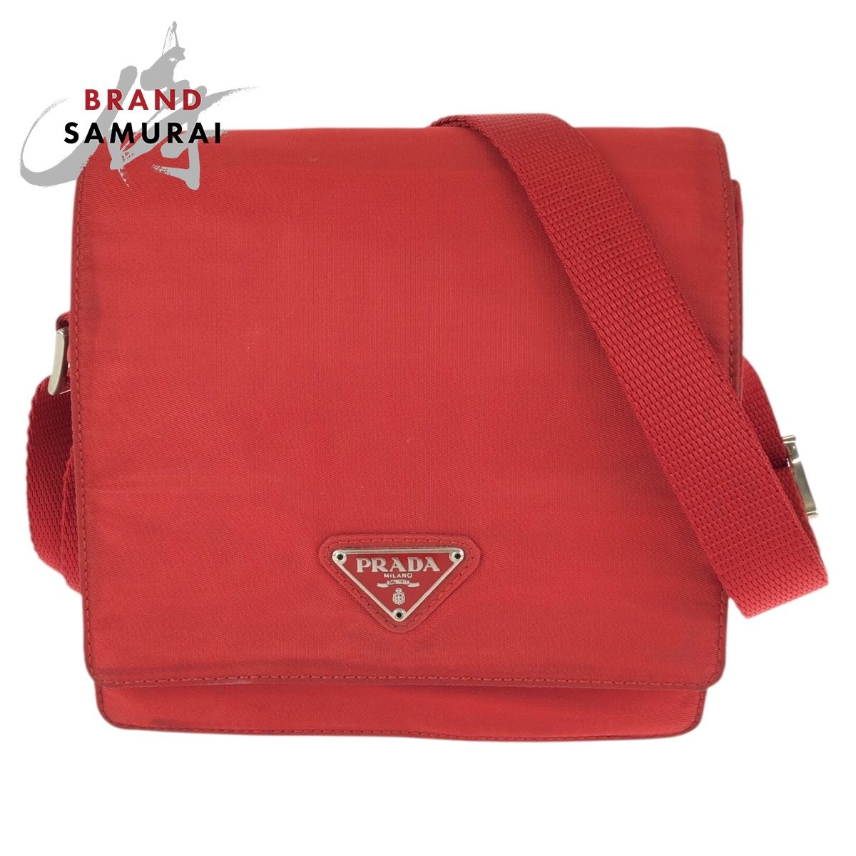 美品 PRADA プラダ テスート 三角ロゴプレート レッド シルバー金具 