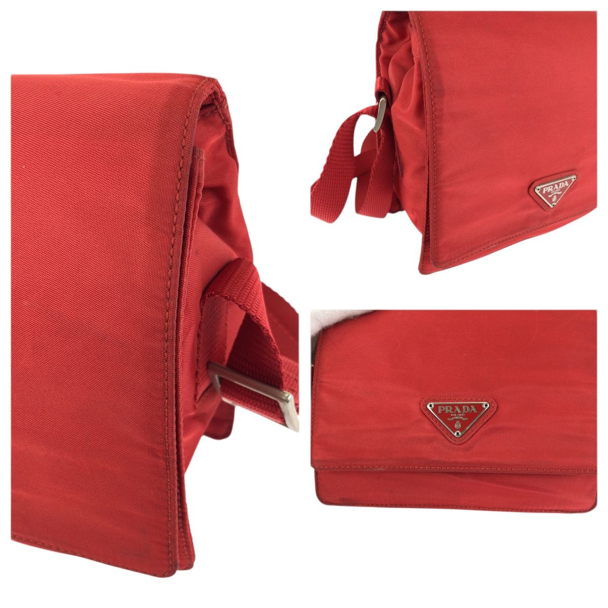 美品 PRADA プラダ テスート 三角ロゴプレート レッド シルバー金具 