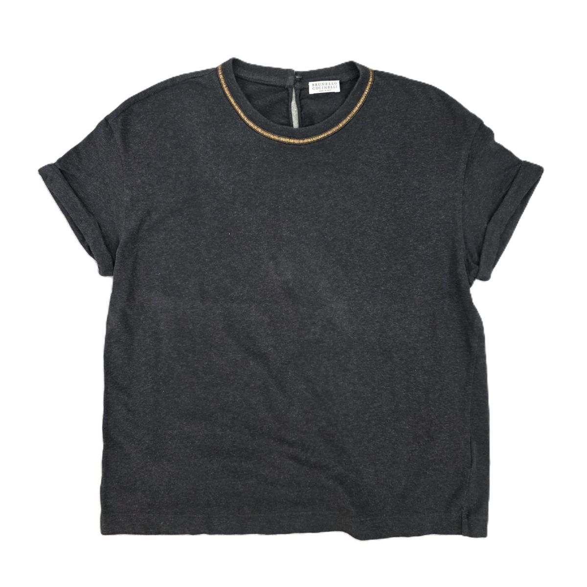 Brunello Cucinelli ブルネロクチネリ モニーレ 装飾 ゴールド刺繍 袖折り返し デザイン カットソー 半袖Ｔシャツ L コットン ポリウレタン グレー  レディース【中古】 Brunello Cucinelli ブルネロクチネリ モニーレ 装飾 ゴールド刺繍 袖