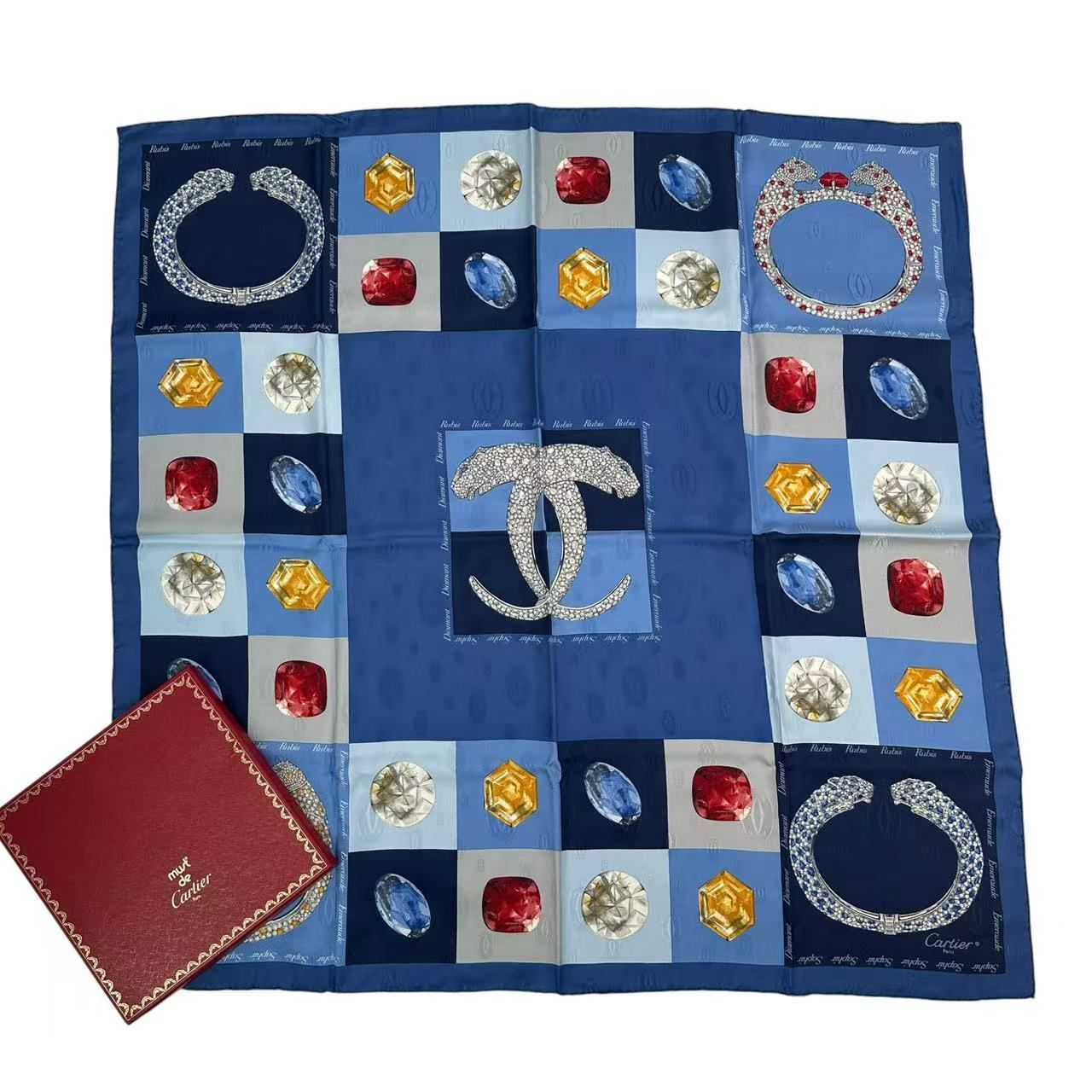 H*a様 Cartier スカーフ シルク 正方形 ブルー系 大判 カルティエス