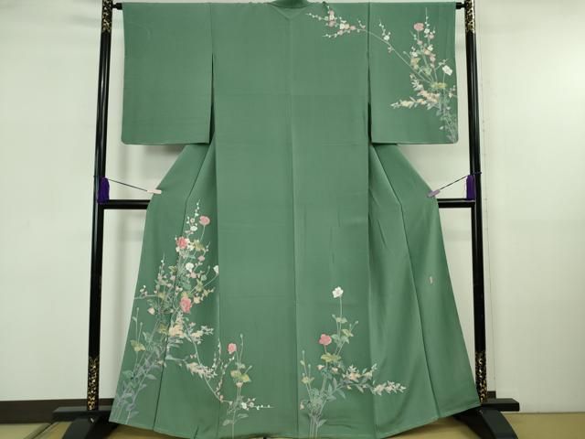 平和屋着物●極上　十日町友禅作家　岡村蒼風　訪問着　枝花文　木賊色地　逸品　未使用　DZAB5670kh6 平和屋着物○極上 十日町友禅作家 岡村蒼風 訪問着 枝花文 木賊色地