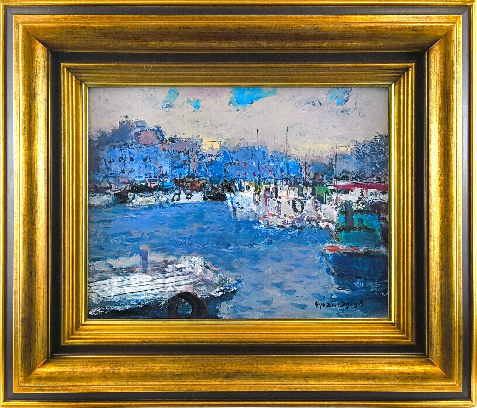油絵 舟のある風景 港の風景 油彩画 額縁付 港の風景 油彩画 金色フレーム - メルカリ
