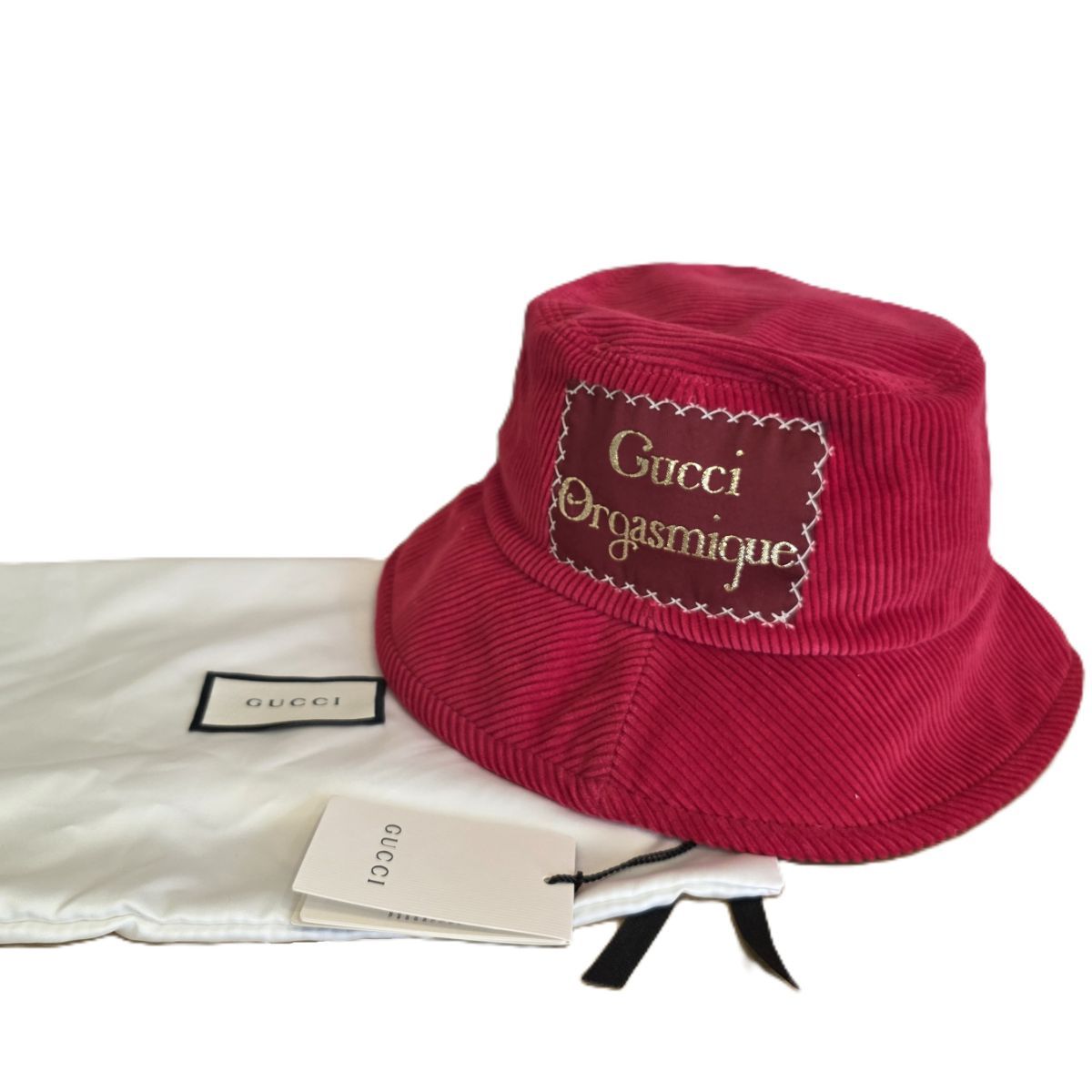 GUCCI グッチ ロゴ ラベル コットンフェドラバケットハット ハット 627174 コーデュロイ ベロア レッド  メンズ【中古】 GUCCI グッチ ロゴ ラベル コットンフェドラバケットハット ハット