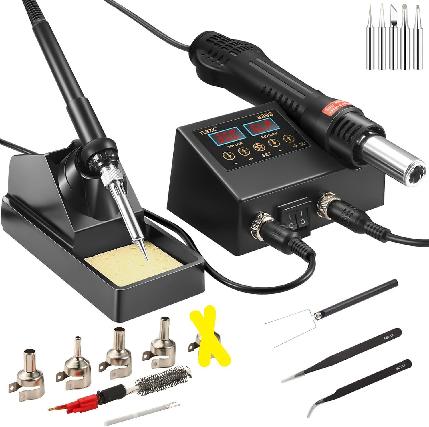 TLBZKリワークハンダ付けステーション、2 in 1 SMD ホットエアハンダステーションとハンダ付けアイロンキットヒートガン、ハンダ付け先、ホットエアノズル、ピンセット付き