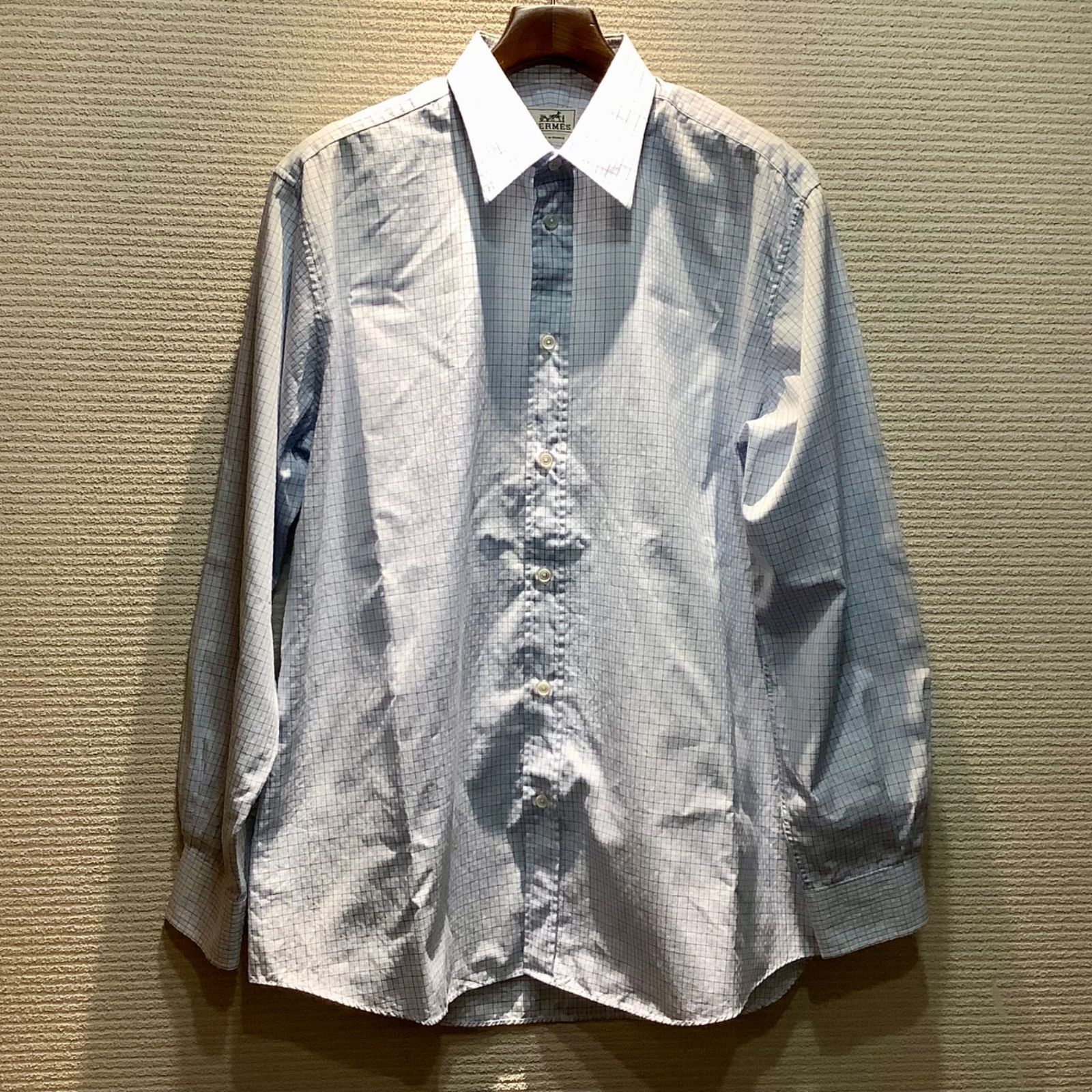 エルメス HERMES H刺繍 チェック柄 シャツ 長袖 セリエボタン ブルー 