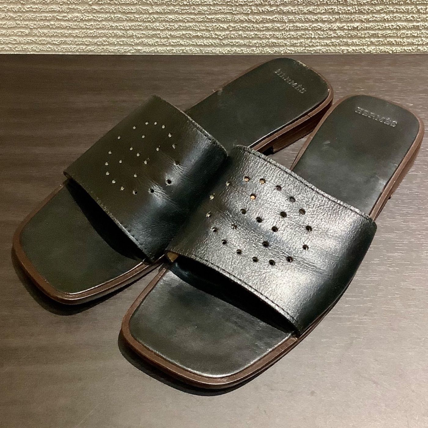 エルメス HERMES パンチング エブリン レザー サンダル シューズ 黒 