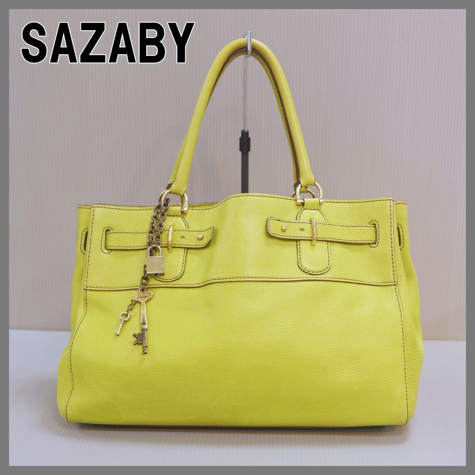 SAZABY 本革 レザー トートバッグ ハンドバッグ グリーン系 鍵チャーム 