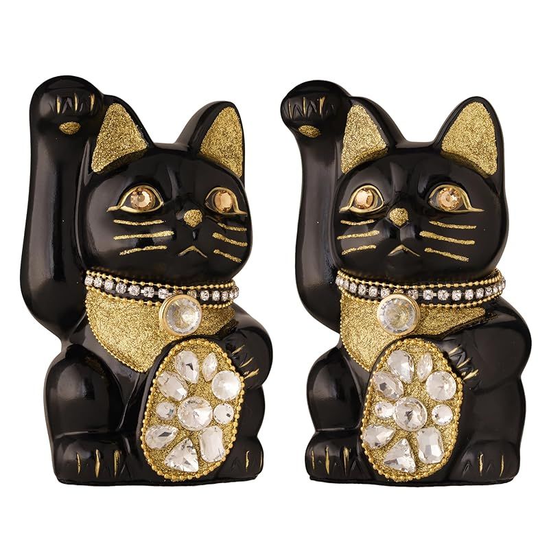  ご縁猫 ジュエリーキャット M-SIZE 黒 Black 右手あげ|陶器＿lucky cat 招き猫 まねき猫 縁起 風水 置物 jw_M黒 0 アロマキャンドル 置物 インテリア小物