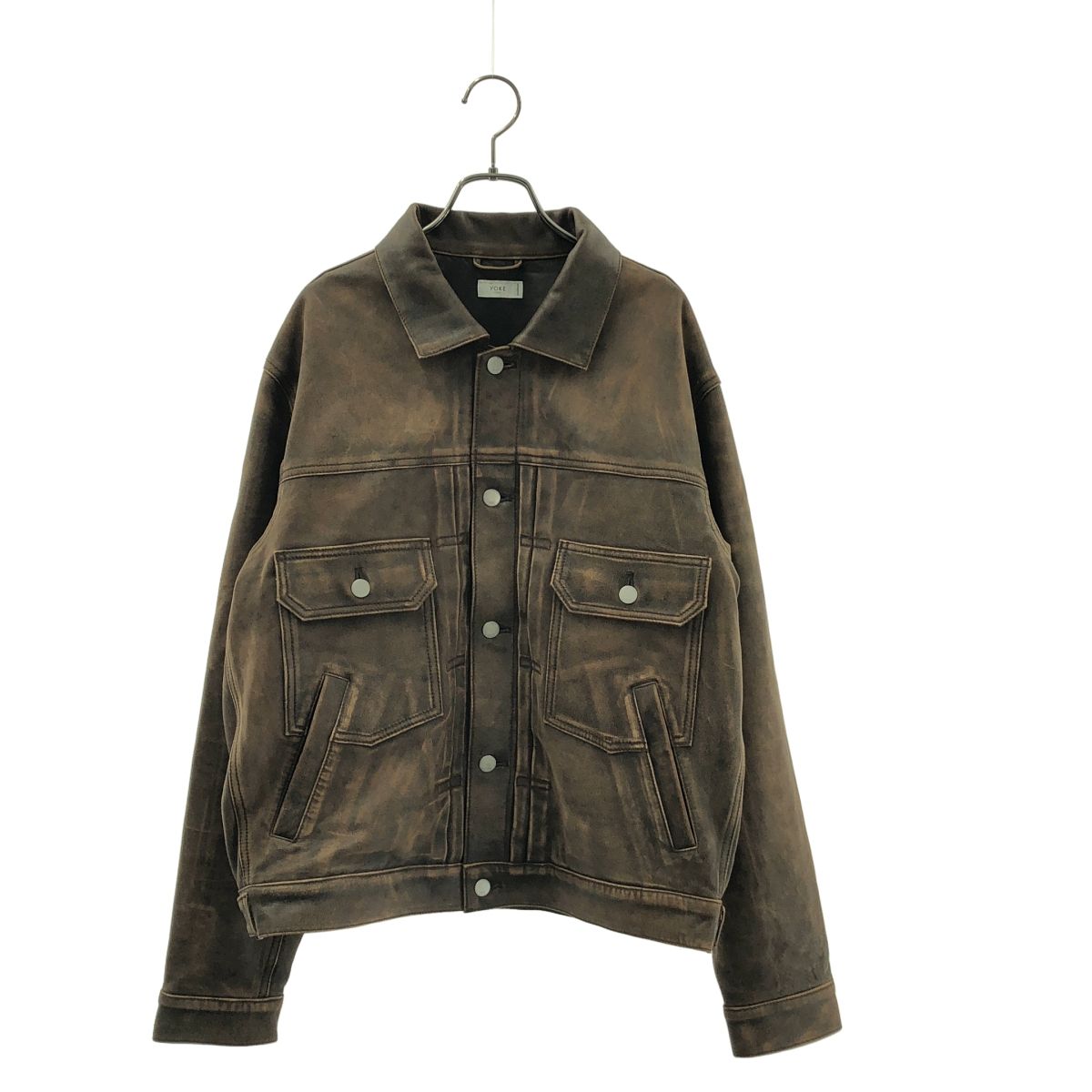 【美品】  YOKE / ヨーク | 2026SS | Cracked Leather Trucker Jacket /  羊革 レザー トラッカー ジャケット / 総裏地 | 2 | ブラウン | メンズ 美品】 YOKE / ヨーク | 2026SS | Cracked Leather Trucker Jacket
