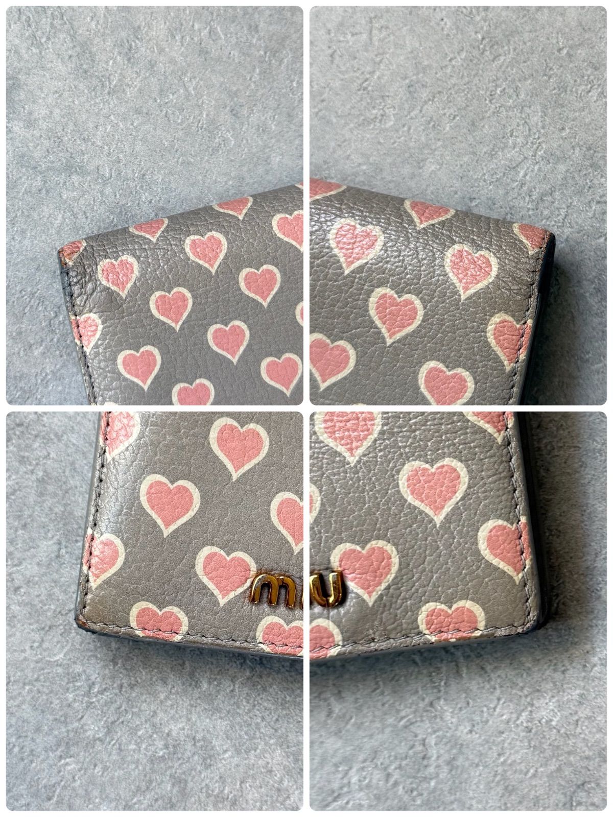 MIU MIU ミュウミュウ 二つ折り財布 総柄 ハート マドラスレザー