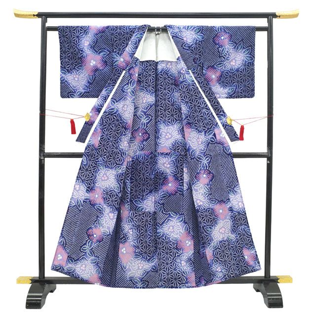 本場有松鳴海絞り 浴衣 夏物 リサイクル 有松 ゆかた 絞り 木綿 綿 濃紺 花 中古 仕立て上がり 身丈160 裄丈64 Ｍサイズ みやがわ sb17339 miyagawa-kimono_sb15783