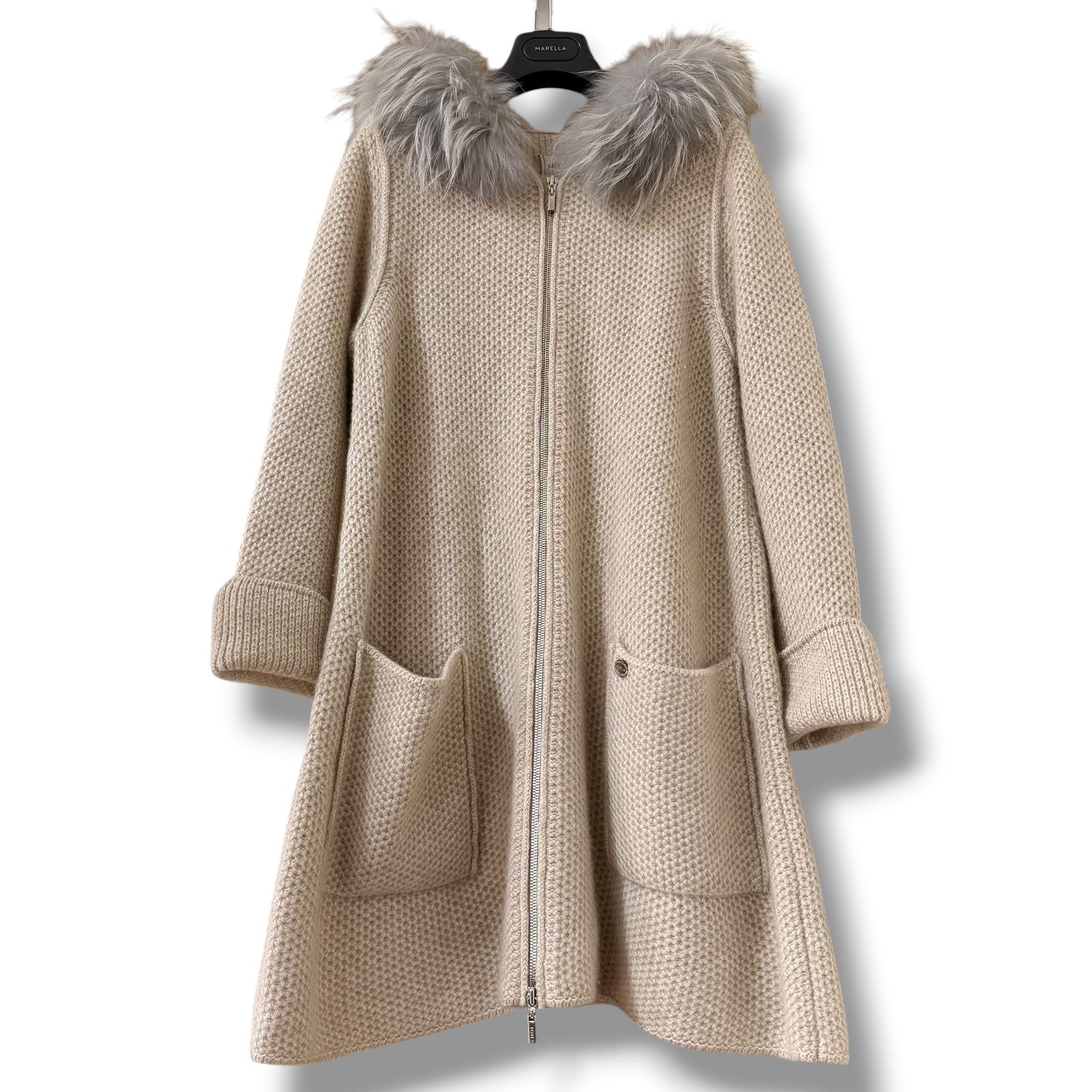 カシミヤ100% FOXEY ふわふわファー付きシナモンシュガーニットコート