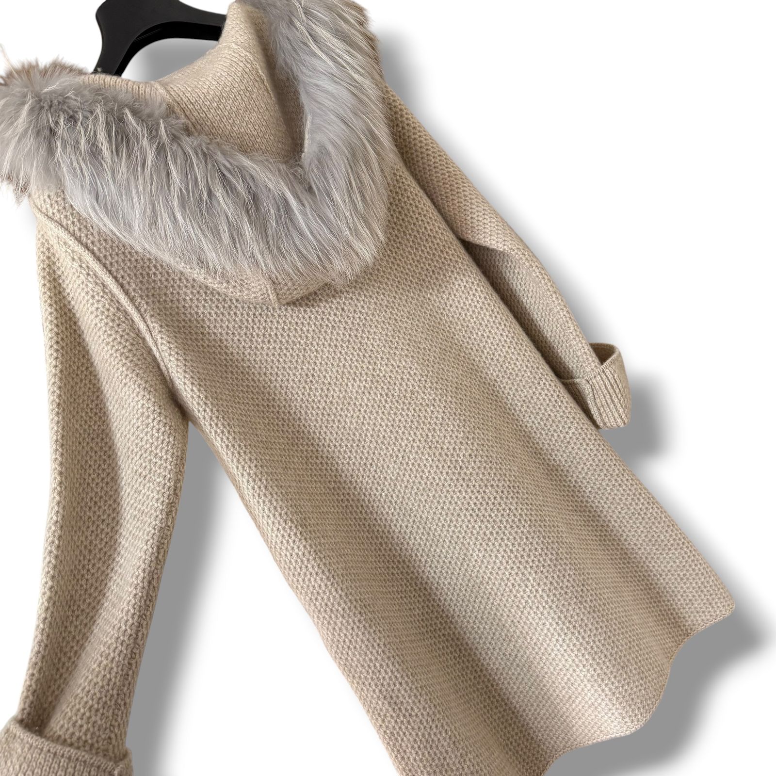 カシミヤ100% FOXEY ふわふわファー付きシナモンシュガーニットコート