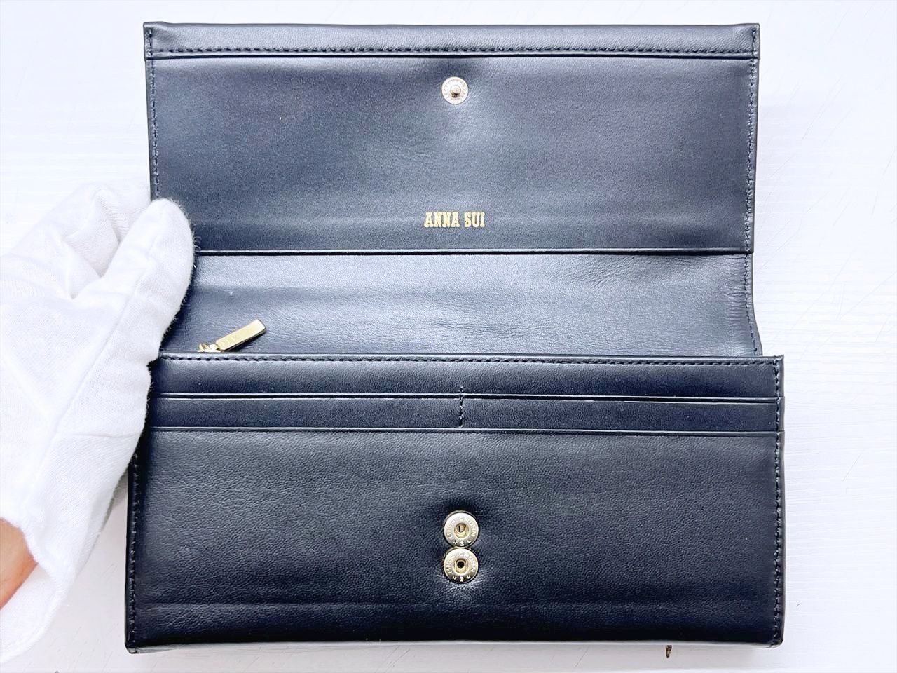 未使用保管 アナスイ ムーンスター がま口 長財布 黒 レザー ライン 