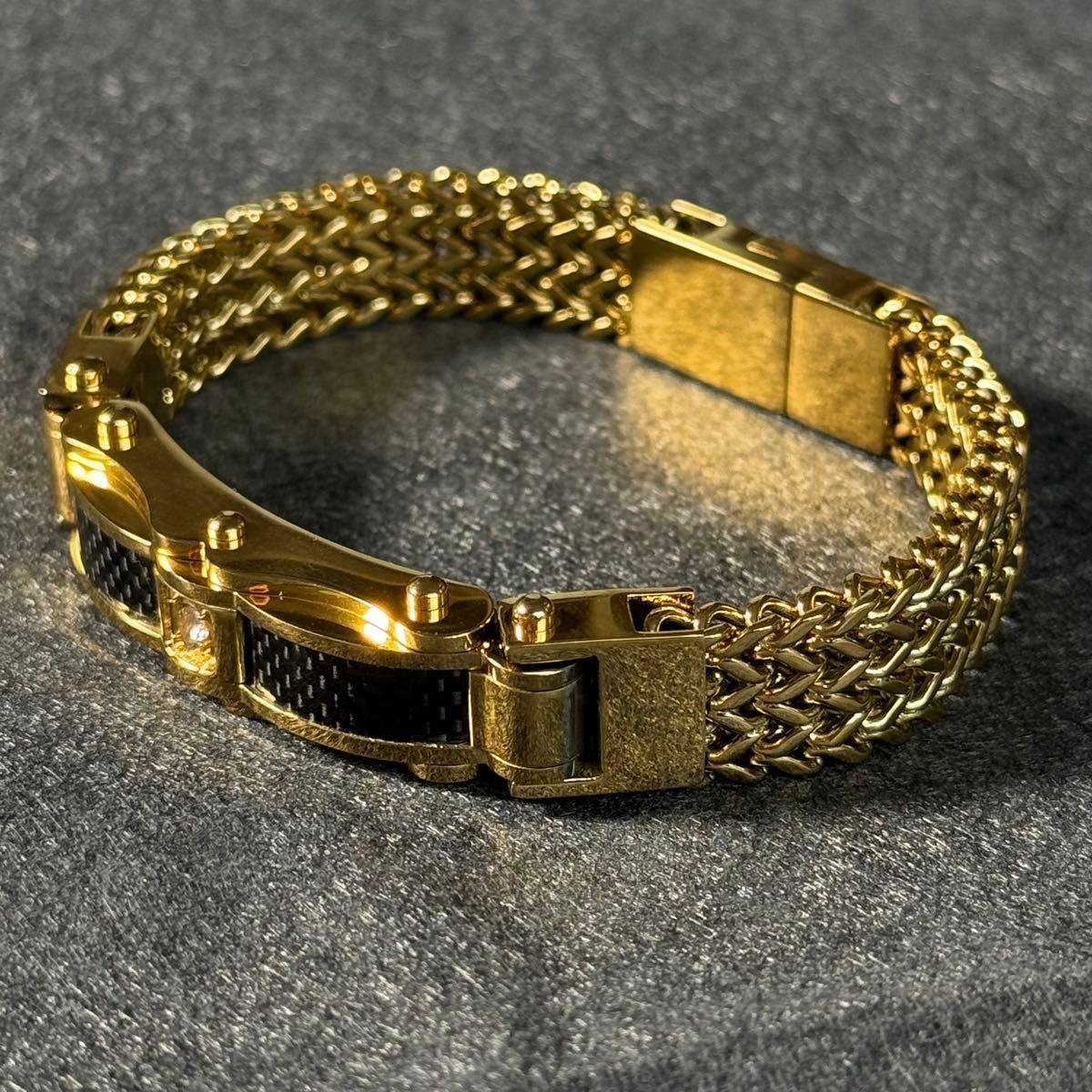 18K GF カーボン ブラック プレート チェーン ブレスレット 金 