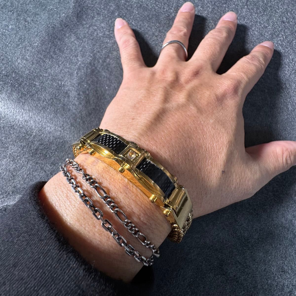 18K GF カーボン ブラック プレート チェーン ブレスレット 金 