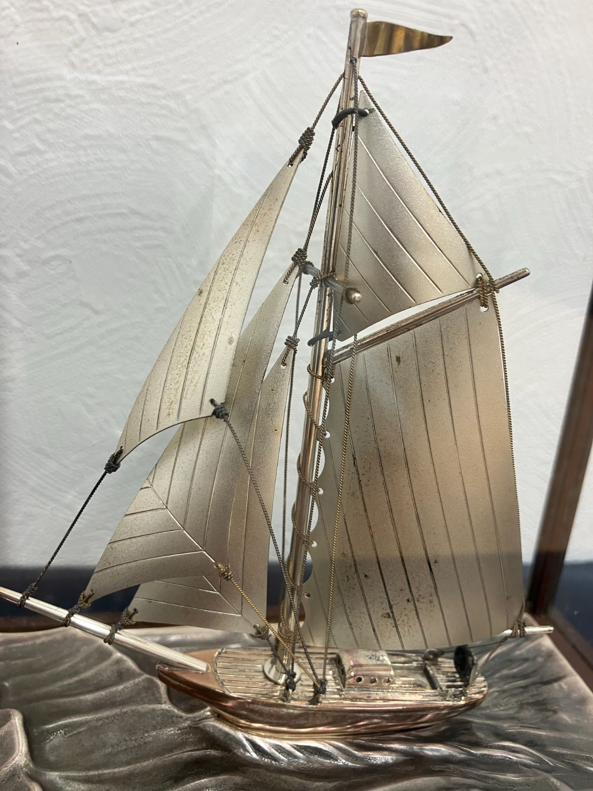 名工 Seki/STERLING 960】銀製 帆船 ヨット 置物 ガラスケース付