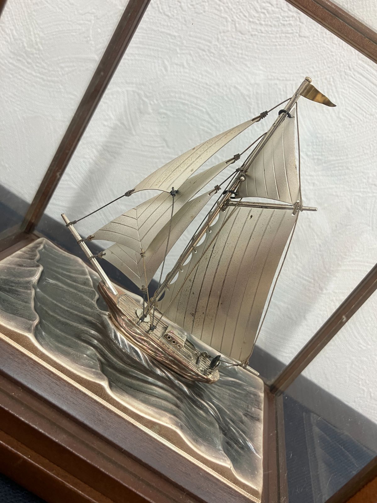 名工 Seki/STERLING 960】銀製 帆船 ヨット 置物 ガラスケース付
