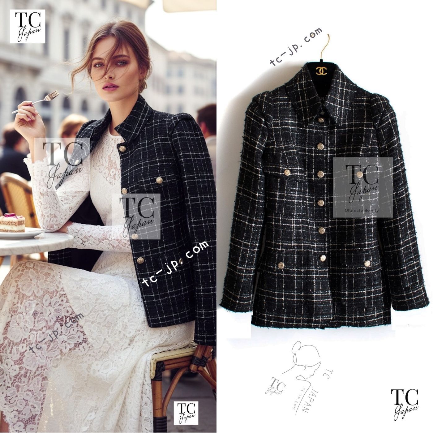 シャネル ジャケット CHANEL ブラック シルバー チェック柄 ツイード 