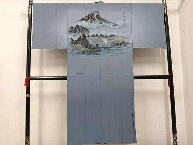 平和屋着物●男性 長襦袢 袷 作家物 手描き 富士山 樹林 暈し染め 金彩 正絹 逸品 未使用 AABH4116ph