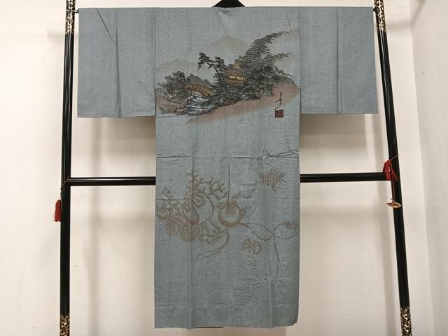 平和屋着物●男性 長襦袢 無双仕立て 作家物 手描き 風景文 金彩 正絹 逸品 AABH4147ph