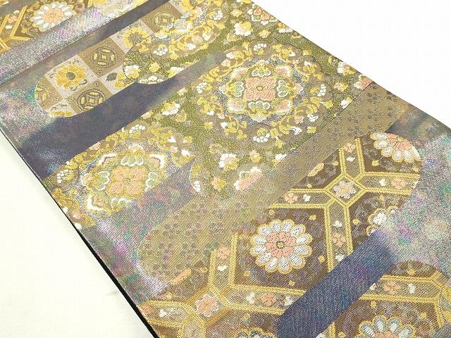 平和屋本店▼六通柄袋帯　唐花更紗華紋　ｋ24金箔織　正絹　24ｋ　逸品　DABE9116sf 平和屋着物◎六通柄袋帯 更紗花唐草文 錦彩つづれ 金糸 三越扱い 正絹