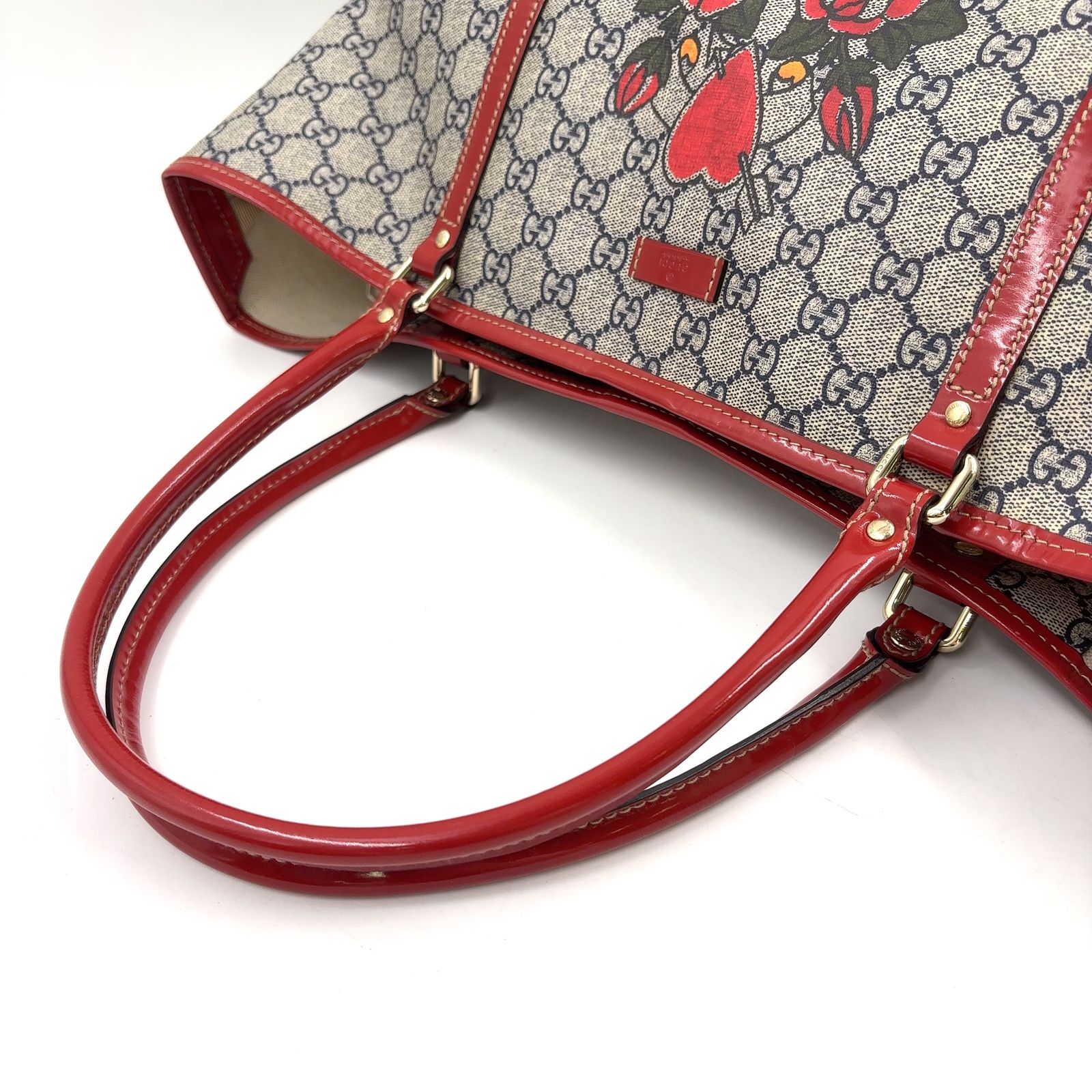GUCCI GGスプリーム エナメルレザー×PVC ベージュ×レッド トートバッグ