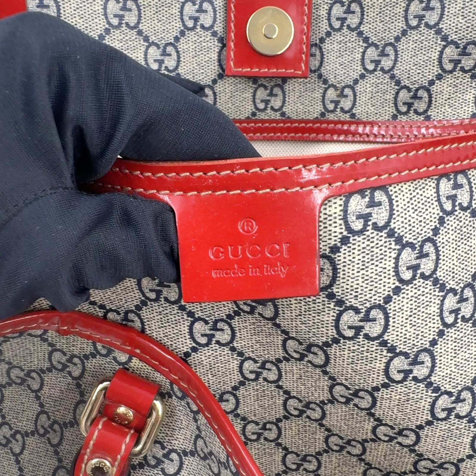 GUCCI GGスプリーム エナメルレザー×PVC ベージュ×レッド トートバッグ
