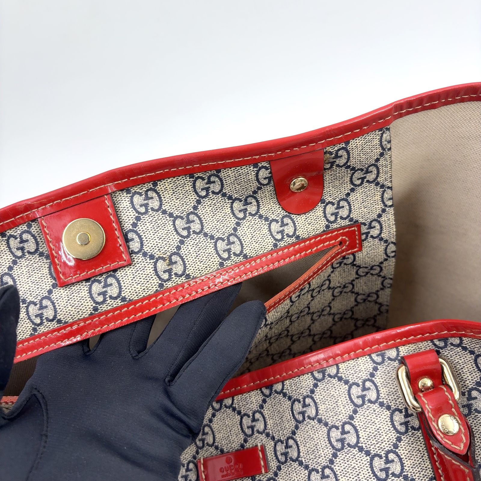 GUCCI GGスプリーム エナメルレザー×PVC ベージュ×レッド トートバッグ