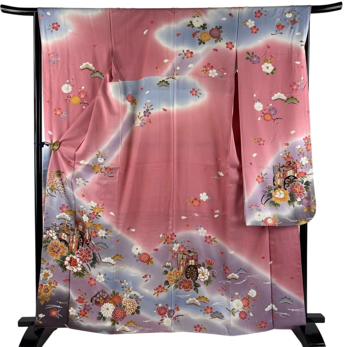振袖 秀品 草花 鴛鴦 金糸 金彩 薄緑 袷 161cm 66cm M 正絹 【中古】 ☆