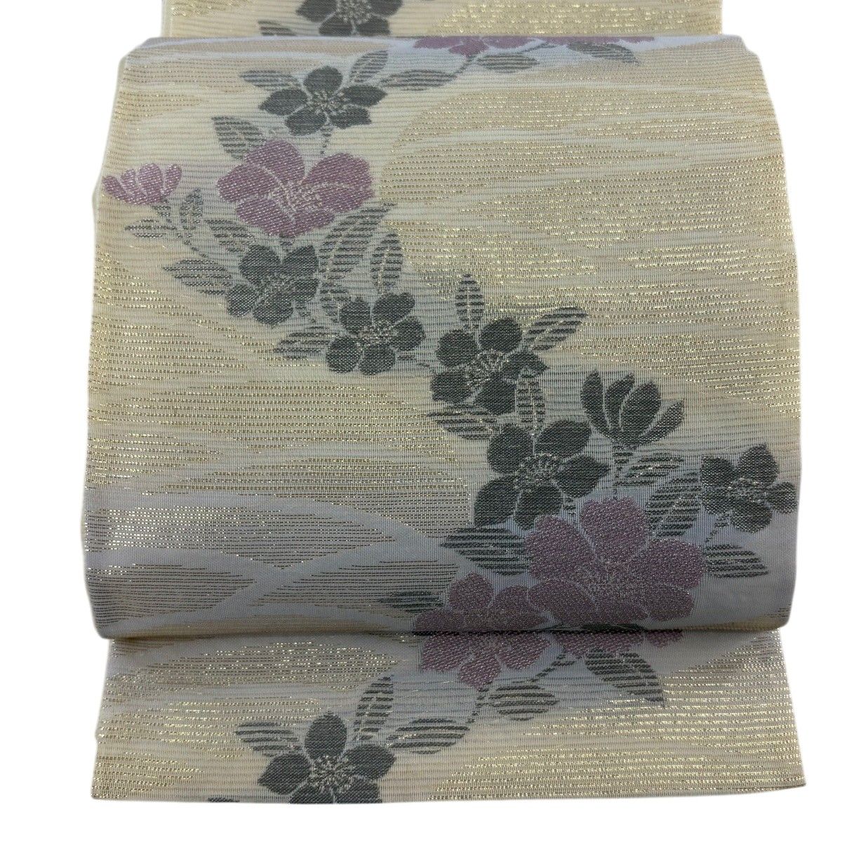 美品】 袋名古屋帯 秀品 夏帯 絽 枝花 芝 箔 銀糸 金色 正絹 【中古