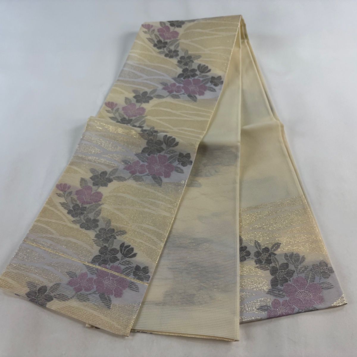美品】 袋名古屋帯 秀品 夏帯 絽 枝花 芝 箔 銀糸 金色 正絹 【中古