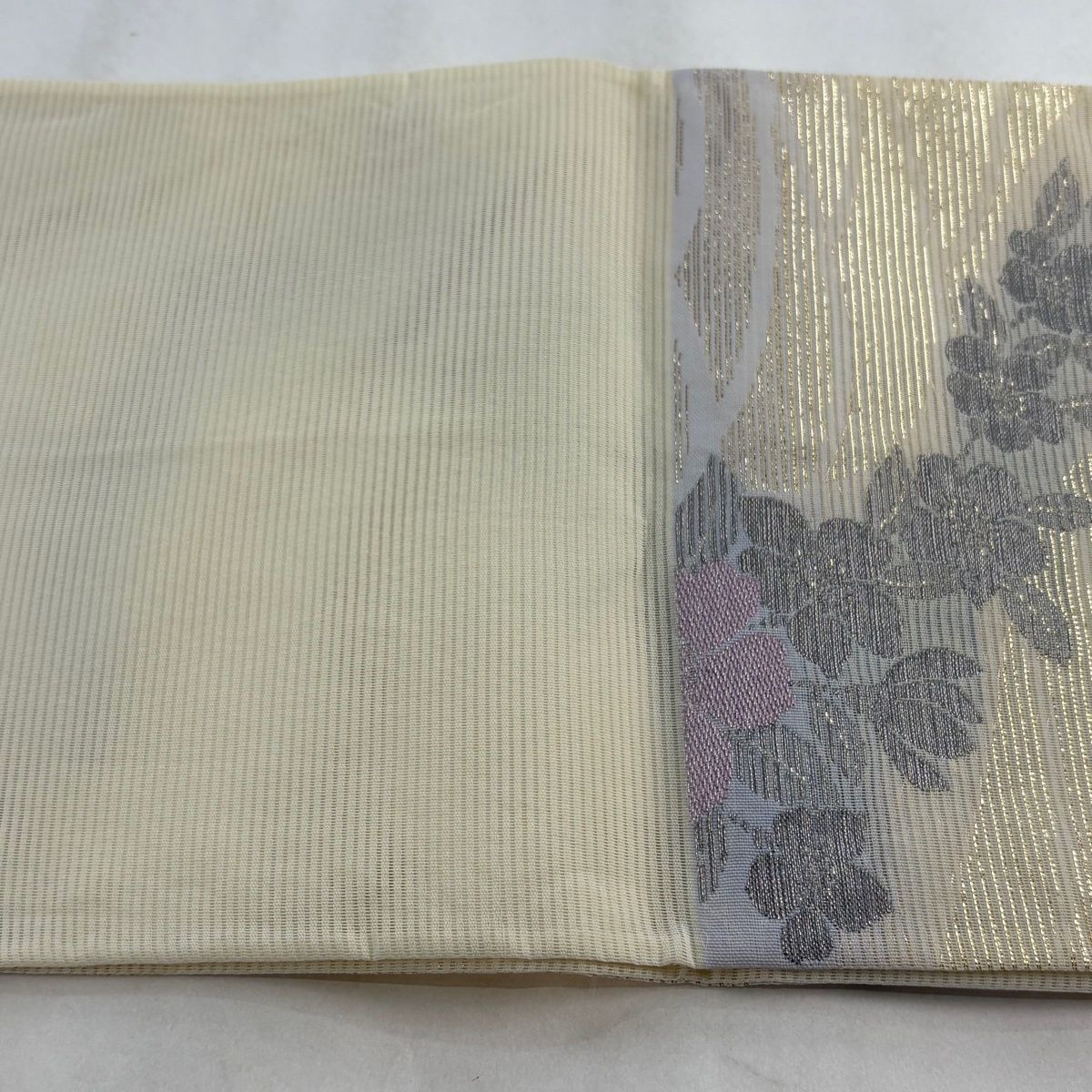 美品】 袋名古屋帯 秀品 夏帯 絽 枝花 芝 箔 銀糸 金色 正絹 【中古